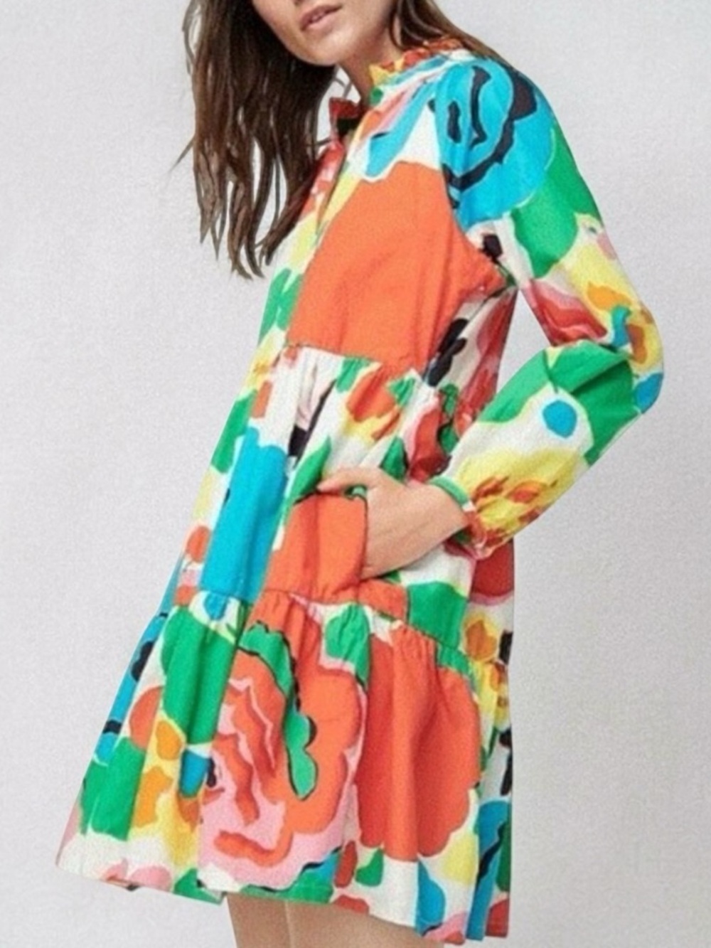 J Crew Ratti Jardin Multicolor Floral Tiered Popover Mini Dress XS Pockets
